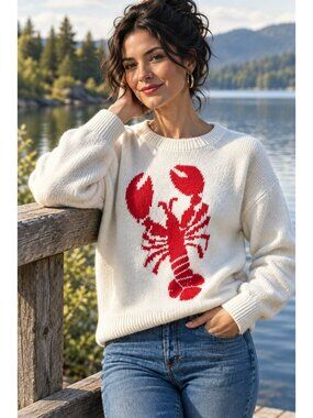 Lobster Graphic Knit Sweater Crew Neck Nautical Long Sleeve Coastal Pullover Top